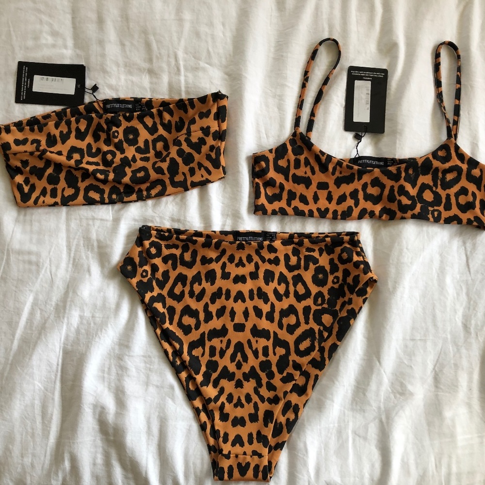 PTL leopard bikini set NWT tops + bottom 8